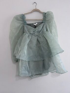 Sheer Puff Sleeve Tiered Babydoll Dress in Mint Green